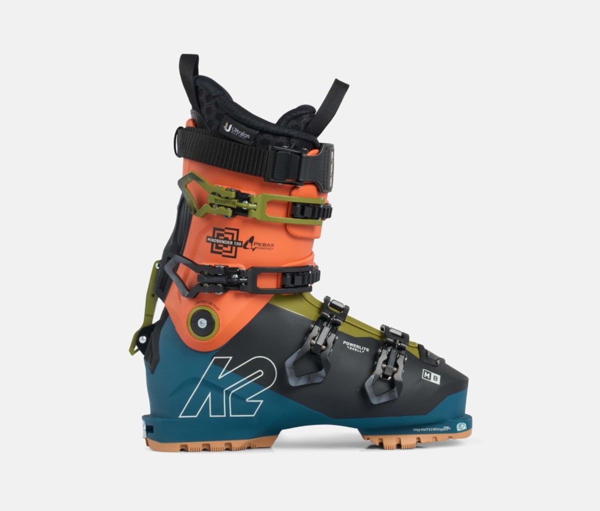 Orange, blue, and black ski boot