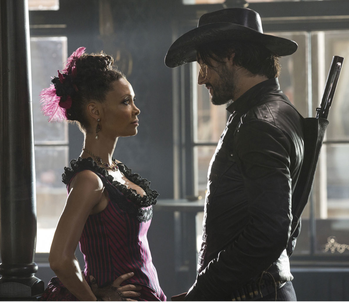 Thandie Newton as Maeve and Rodrigo Santoro as Hector Escaton in HBO's 'Westworld.'