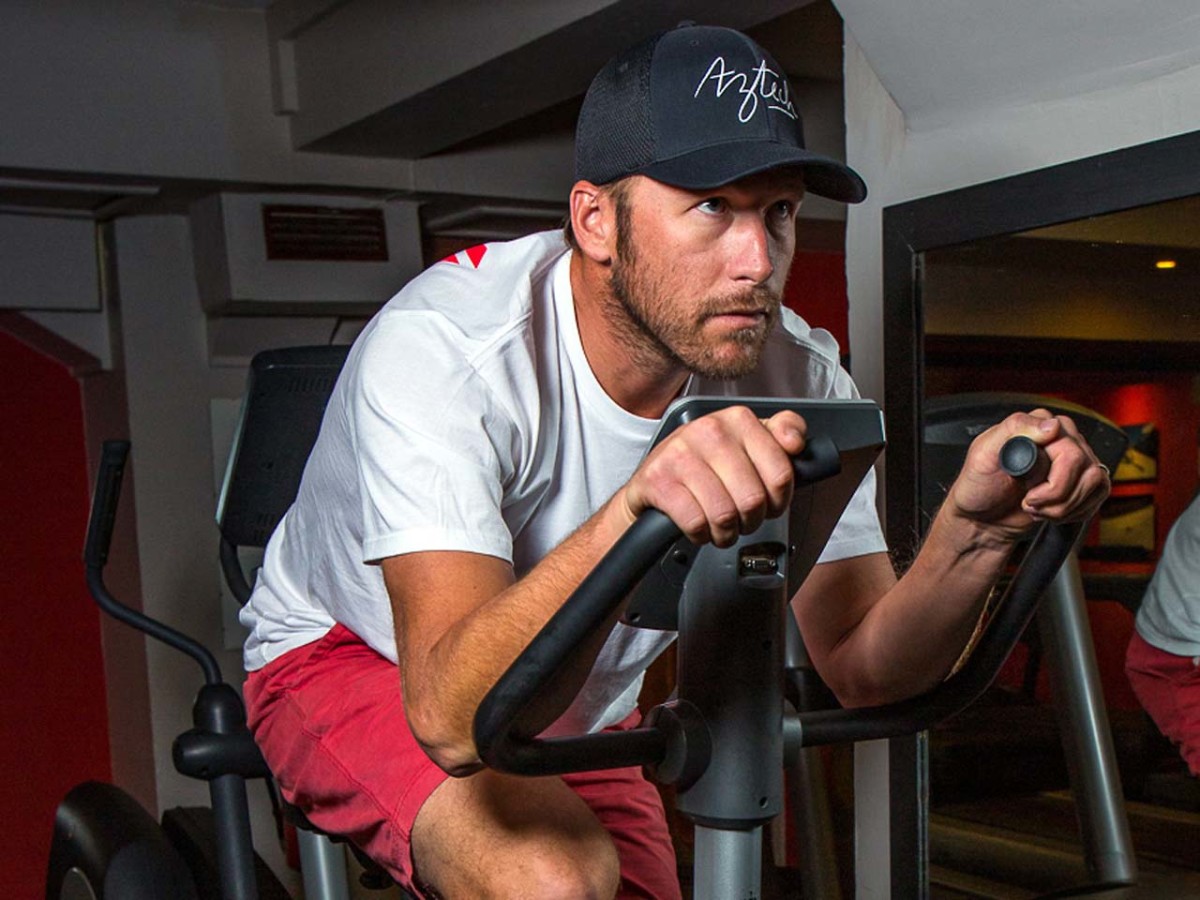 Bode Miller trains on a stationary bike. Bode Miller trains on a stationary bike. Photo courtesy Jonathan Selkowitz.