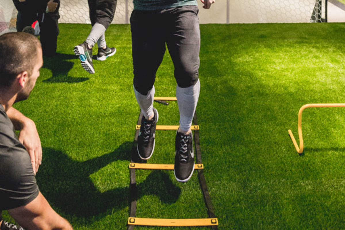 The Men's Fitness team tests the HyperAdapts with an agility ladder drill. Photo courtesy of Nike.