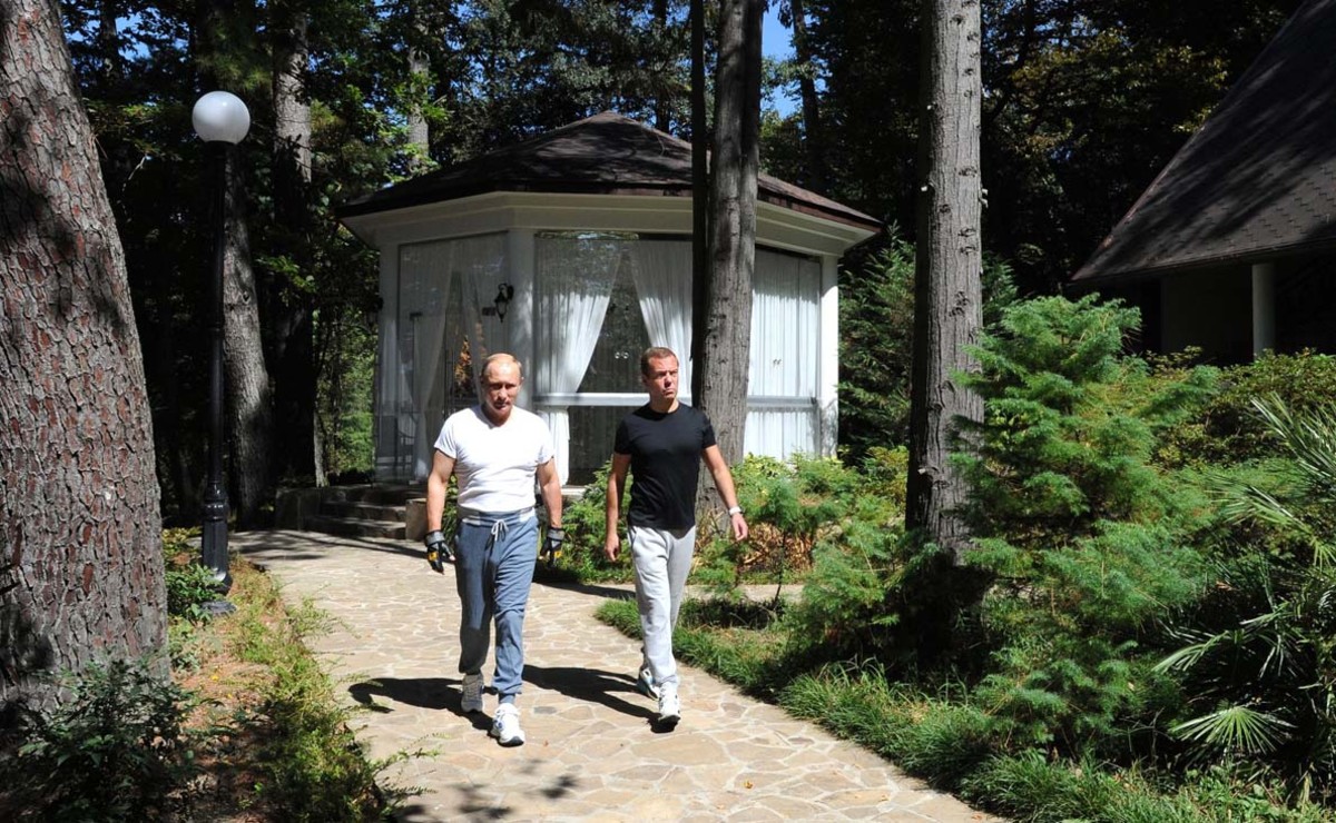 Vladimir Putin and Dmitry Medvedev work out in Sochi, Russia.